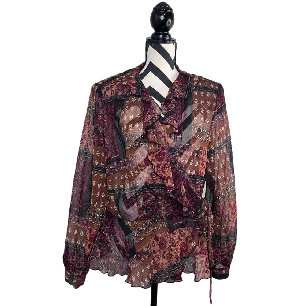 Vintage Whimsigoth Sheer Ruffle Neck Long-Sleeve Dark Floral Wrap Blouse Sz L